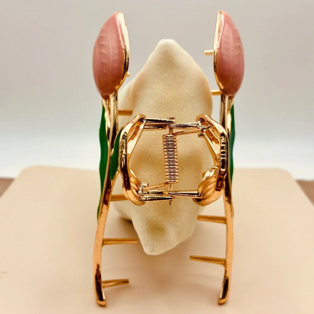 Hand Painted Enameled Pink Tulip Green Leaves Floral Gold Hair Clip - Picture 4 of 6